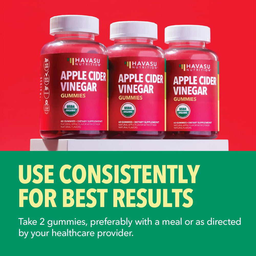HAVASU Nutrition Apple Cider Vinegar Gummies bottle beside a glass of water for daily routine