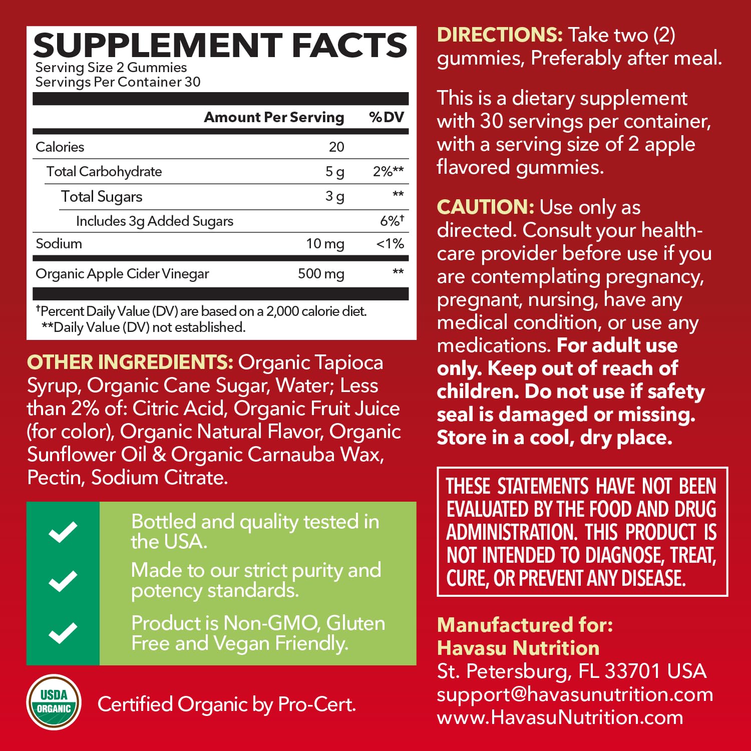 HAVASU Nutrition ACV Gummies jar label highlights vegan, non-GMO, gluten-free attributes