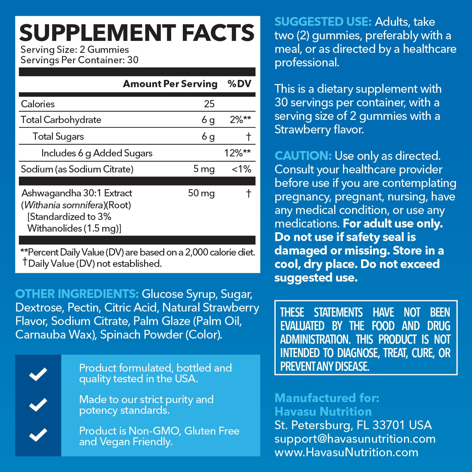HAVASU NUTRITION Ashwagandha Gummies vegan non-GMO label on bottle