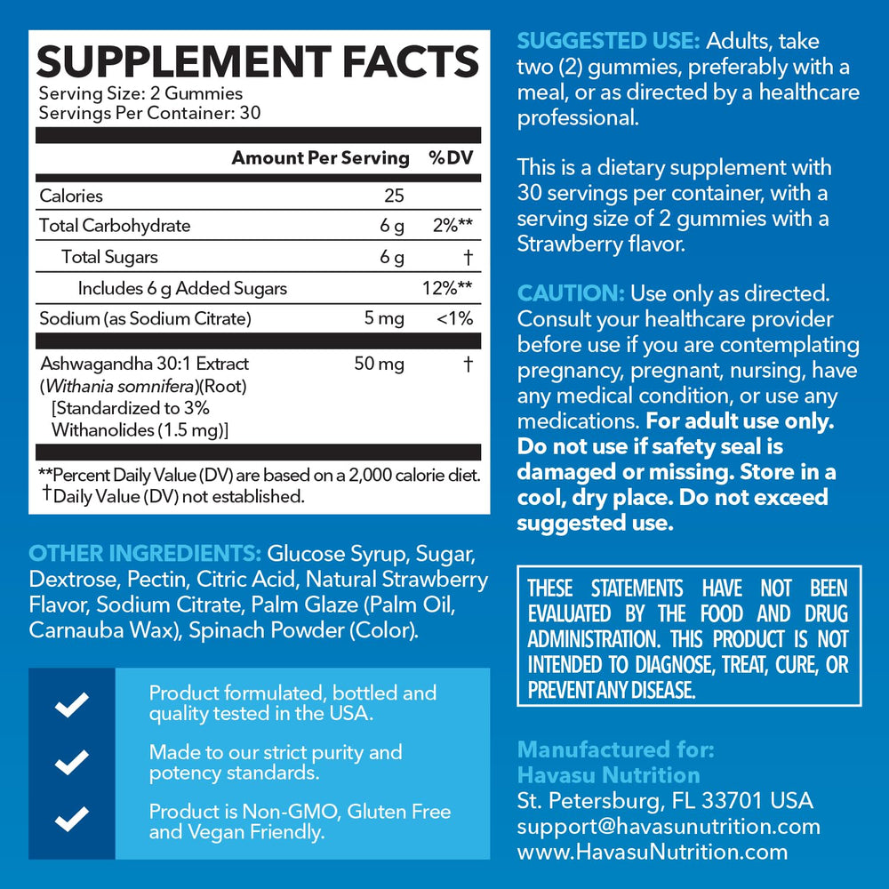 HAVASU NUTRITION Ashwagandha Gummies vegan non-GMO label on bottle