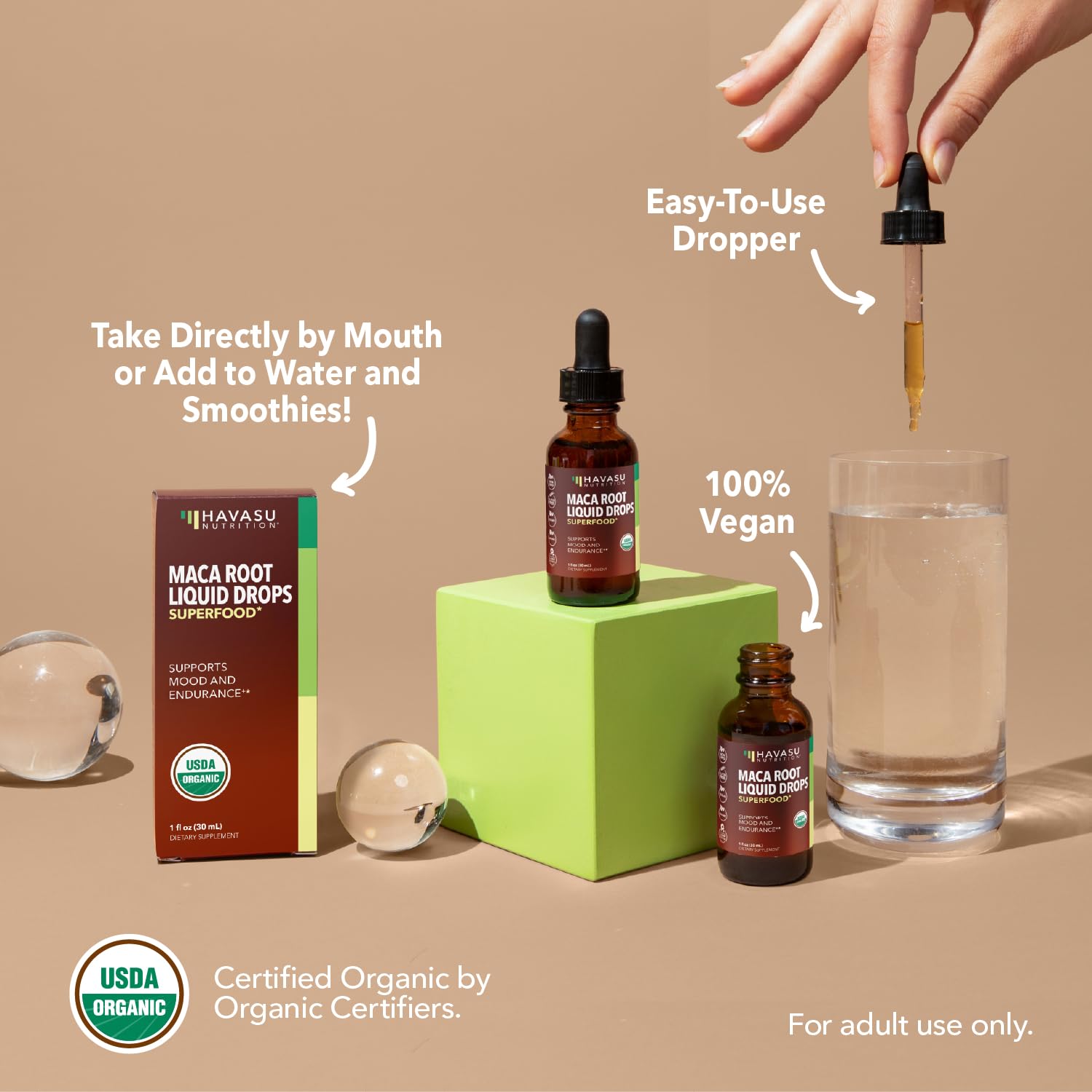 HAVASU NUTRITION Athlete-friendly maca drops beside a workout bottle.