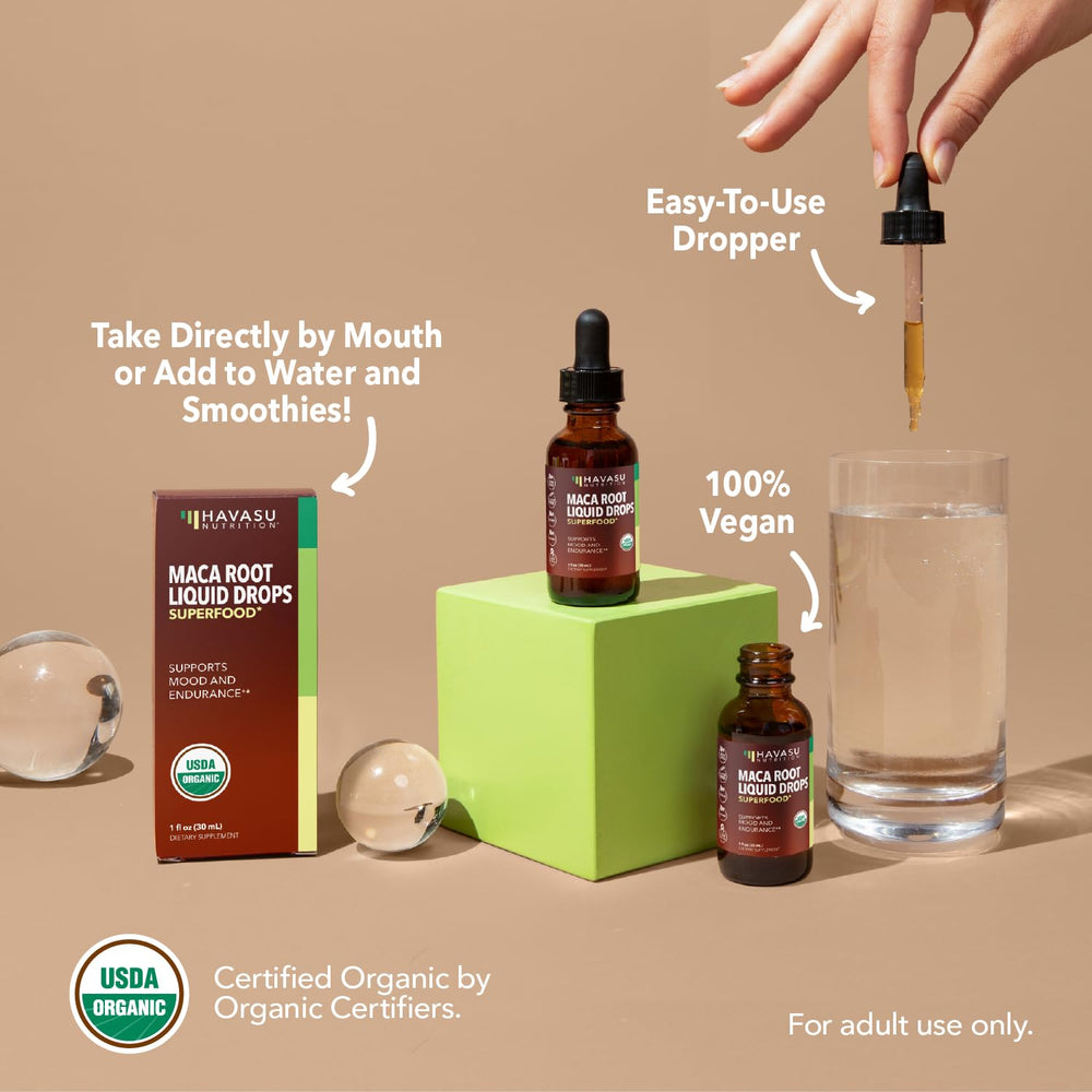 HAVASU NUTRITION Athlete-friendly maca drops beside a workout bottle.