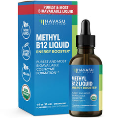 HAVASU NUTRITION B12 liquid drops bottle closeup showing strawberry flavor for easy daily support.