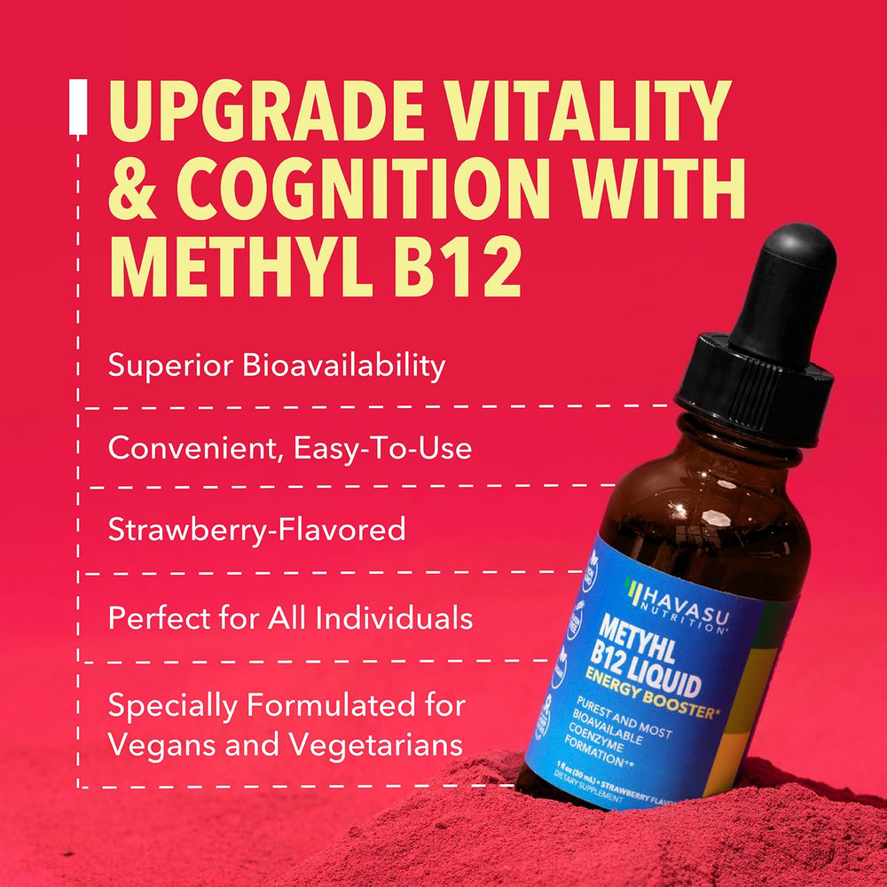 HAVASU NUTRITION B12 liquid drops bottle with strawberry flavor on label.
