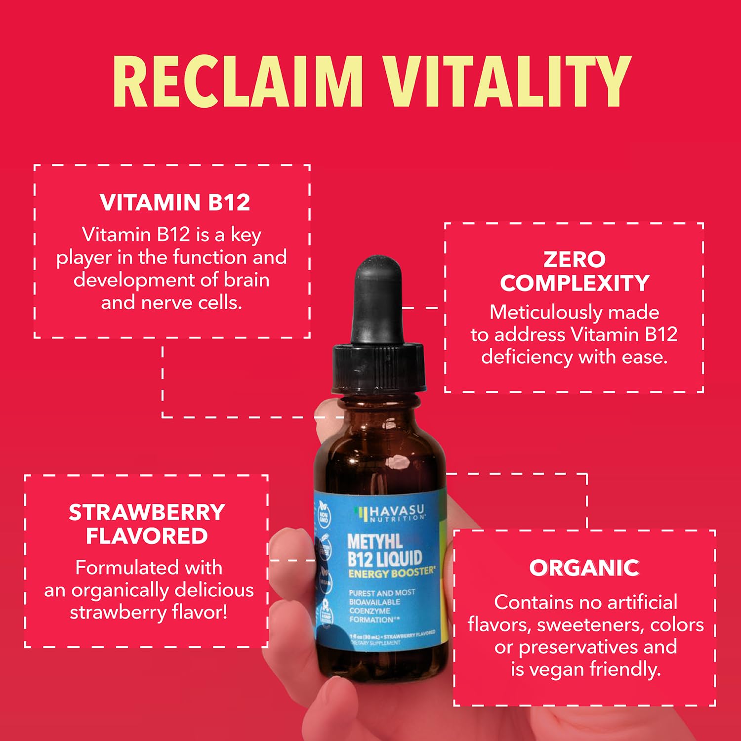 HAVASU NUTRITION B12 liquid drops label highlighting USDA Organic and vegan formula.
