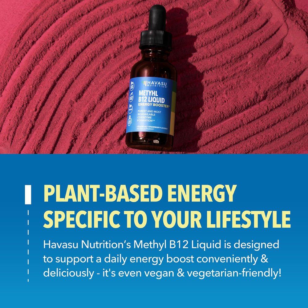 HAVASU NUTRITION B12 liquid drops strawberry flavor ideal for vegan diets.