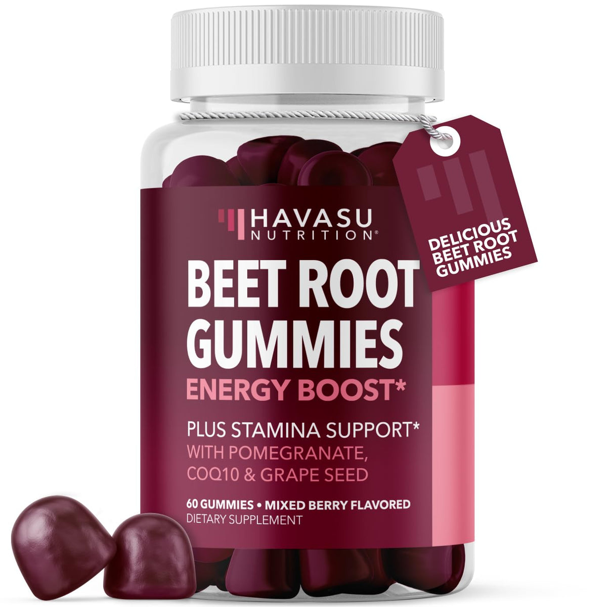 Havasu Nutrition Beet Root Gummies bottle with CoQ10 and Pomegranate for energy support