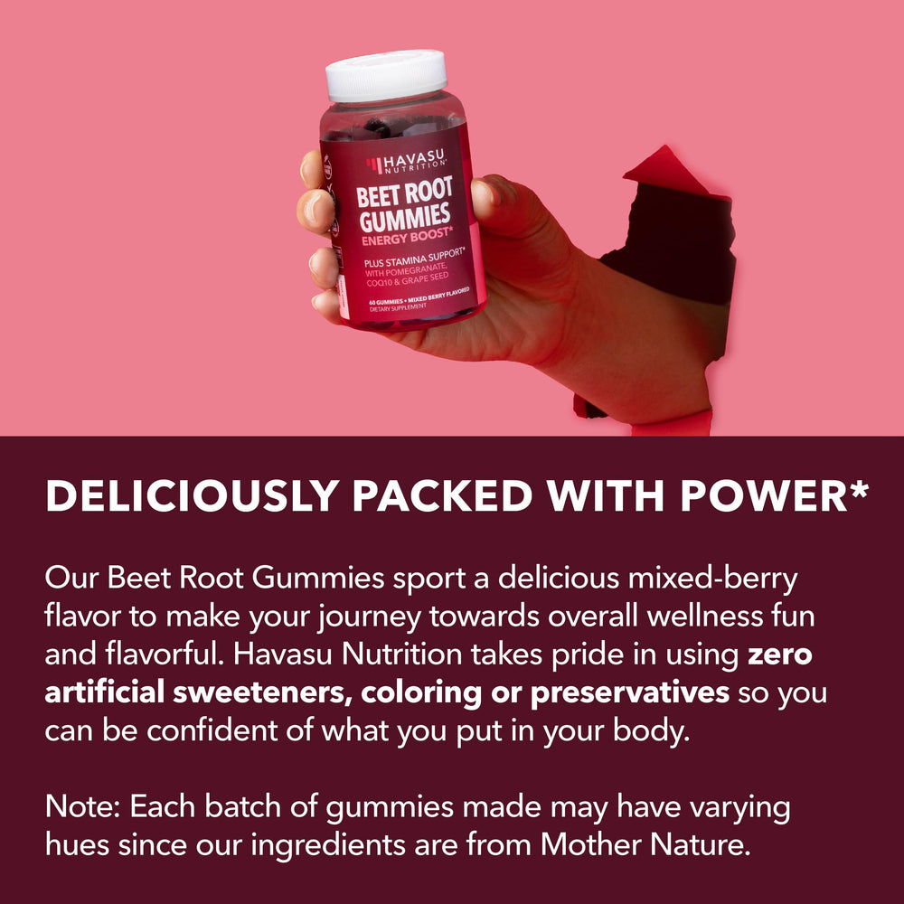Havasu Nutrition Beet Root Gummies gluten-free badge with colorful gummies on tray