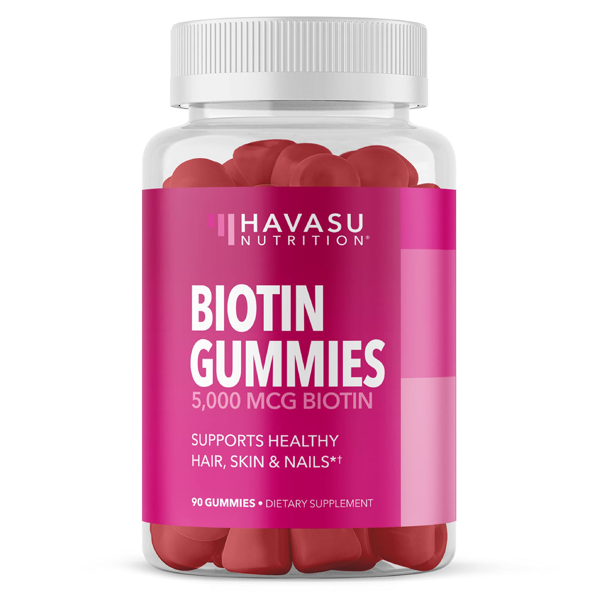 HAVASU NUTRITION Biotin Gummies strawberry flavor support for hair, skin, and nails.
