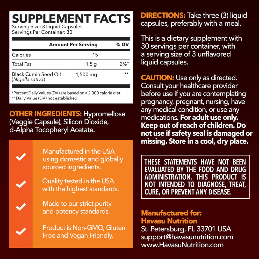 HAVASU NUTRITION Cold Pressed Black Seed Oil Capsules close-up of softgels for daily immune and digestive support.