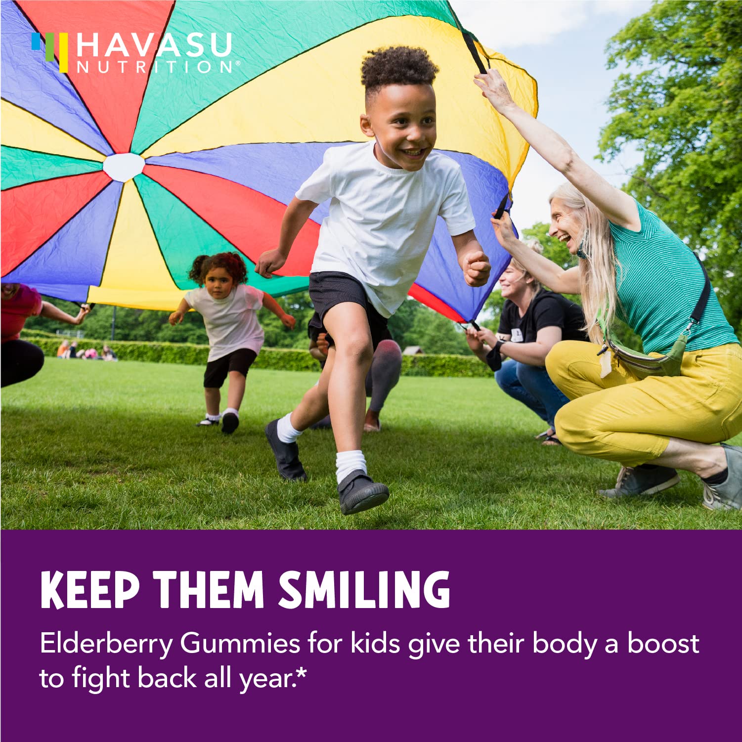 HAVASU NUTRITION bottle with gummies on table ready for school or travel.