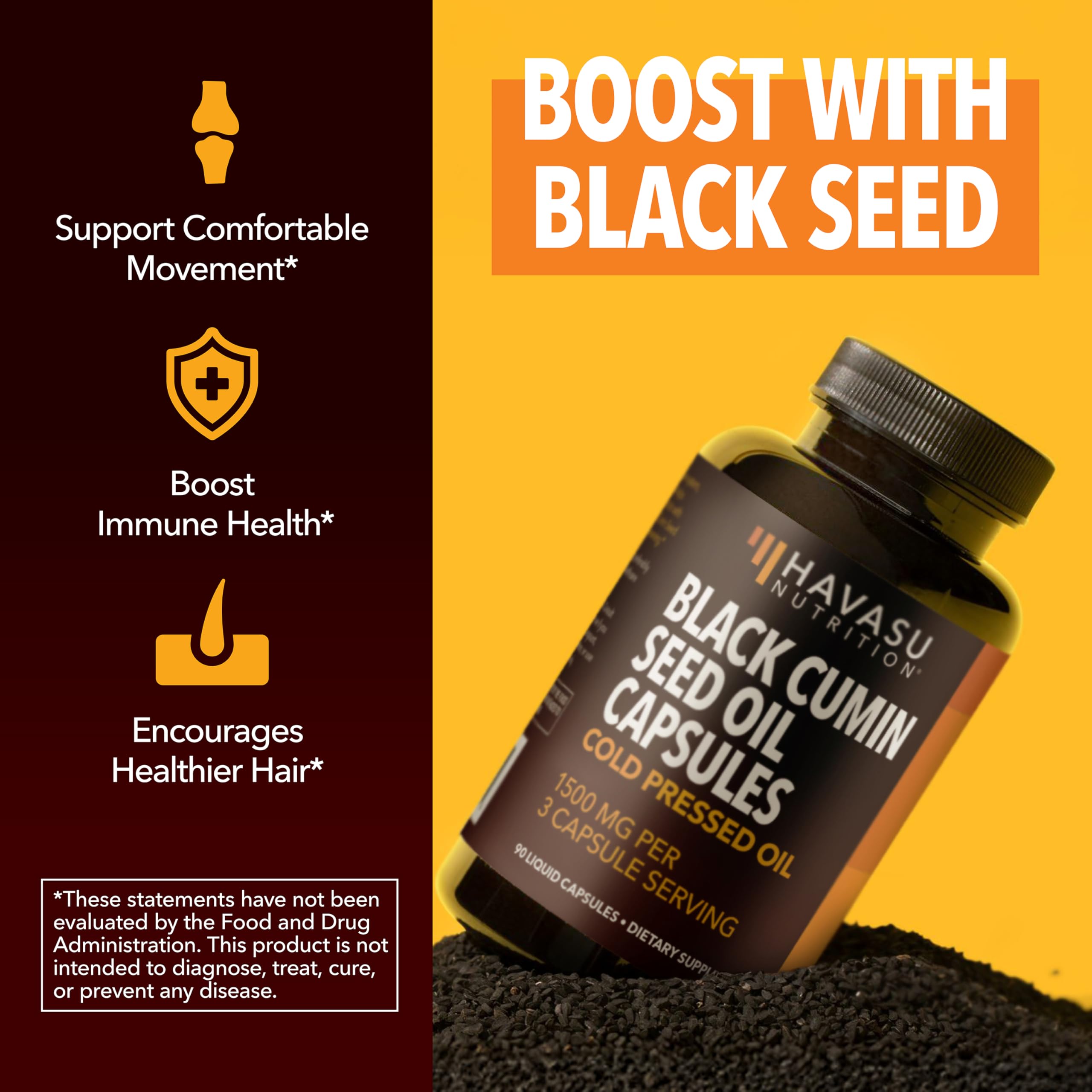 HAVASU NUTRITION Cold Pressed Black Seed Oil Capsules being poured, emphasizing convenient daily use.