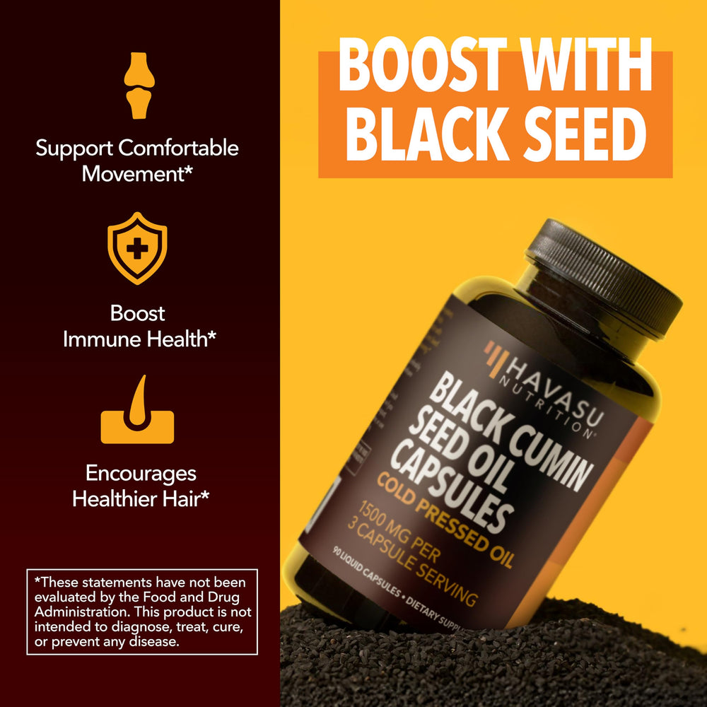 HAVASU NUTRITION Cold Pressed Black Seed Oil Capsules being poured, emphasizing convenient daily use.