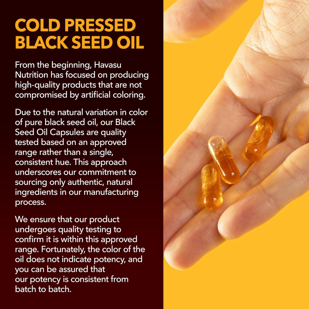 HAVASU NUTRITION Black Seed Oil Capsules arranged in a row, highlighting easy daily intake and immune support.