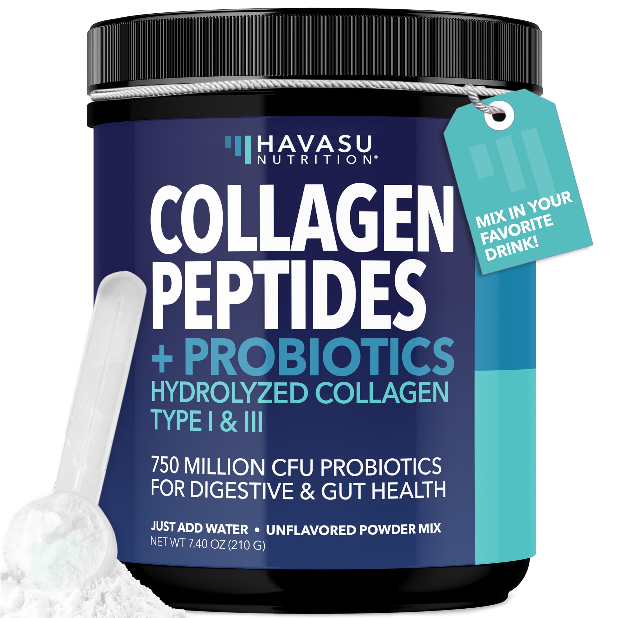 HAVASU Nutrition Collagen Peptides bottle on counter highlighting unflavored, versatile use