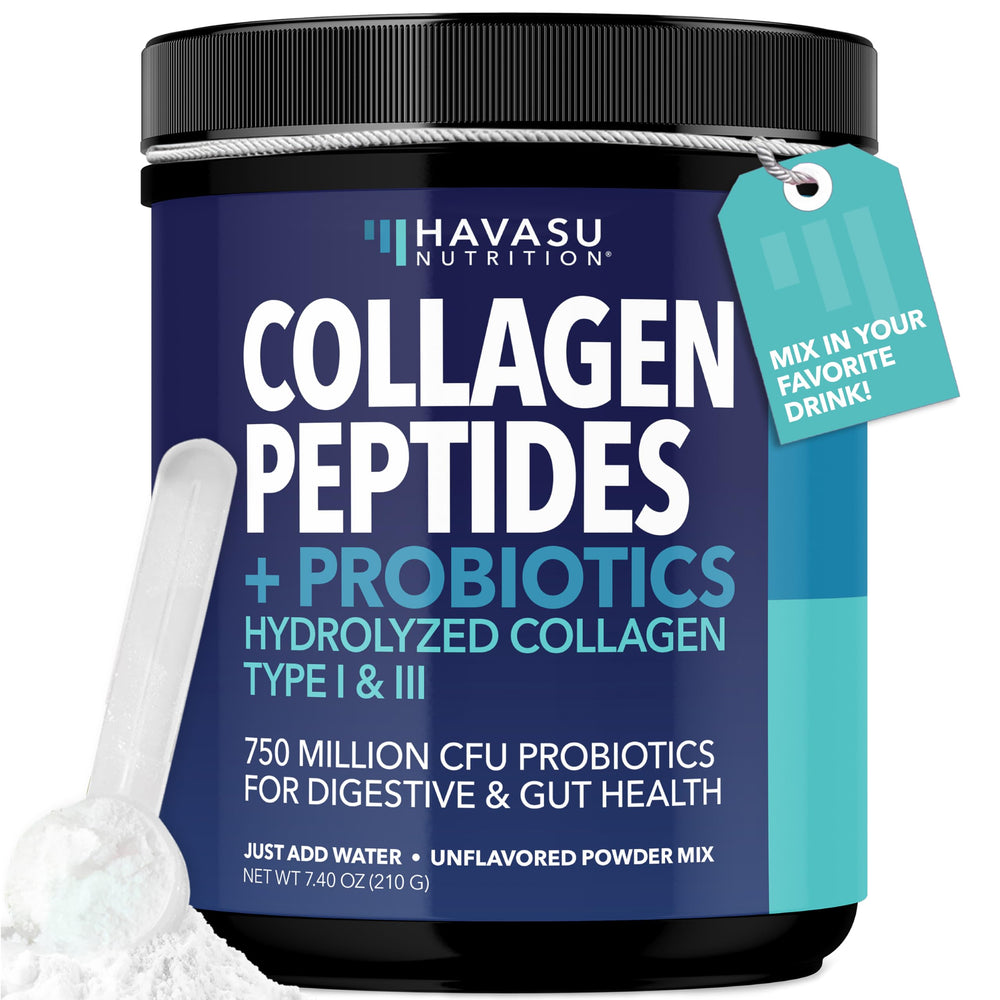 HAVASU Nutrition Collagen Peptides bottle on counter highlighting unflavored, versatile use