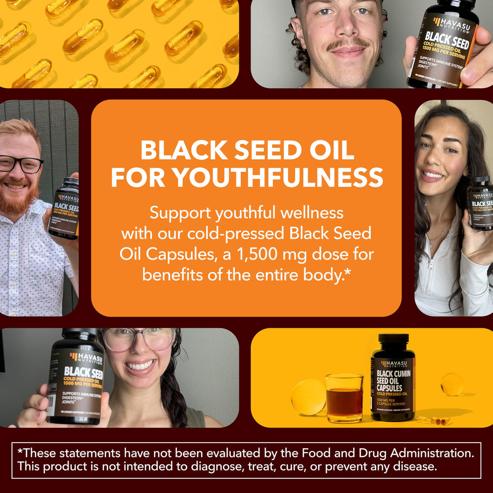 HAVASU NUTRITION Black Seed Oil Capsules on a clean countertop with plant, supporting daily digestive comfort.