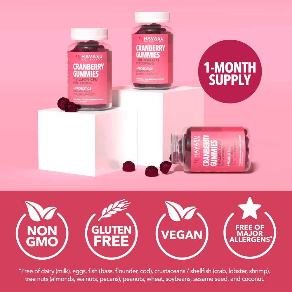 Store shelf packaging highlights cranberry and probiotic blend for bladder balance.