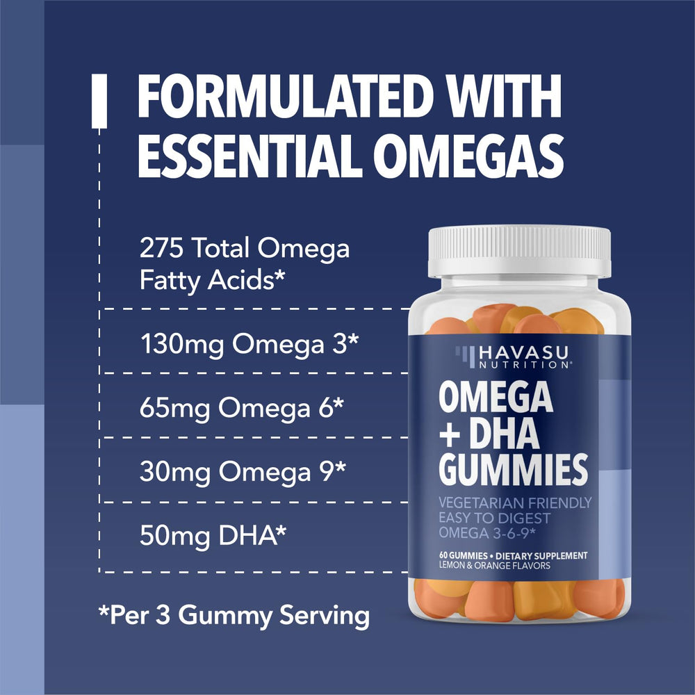 Havasu Nutrition omega gummies displayed beside a glass of water for easy daily use