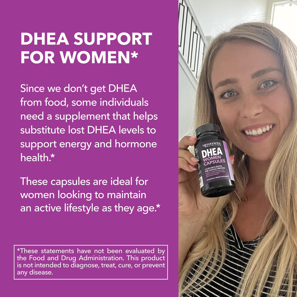 HAVASU NUTRITION DHEA Biotin bottle on shelf for easy access.