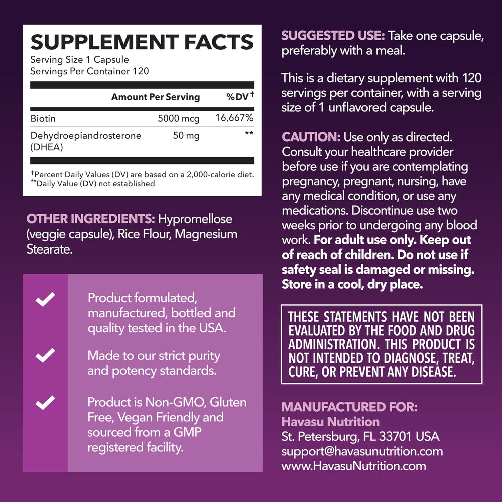 Havasu Nutrition DHEA Biotin capsule close-up highlighting supplement texture and content.