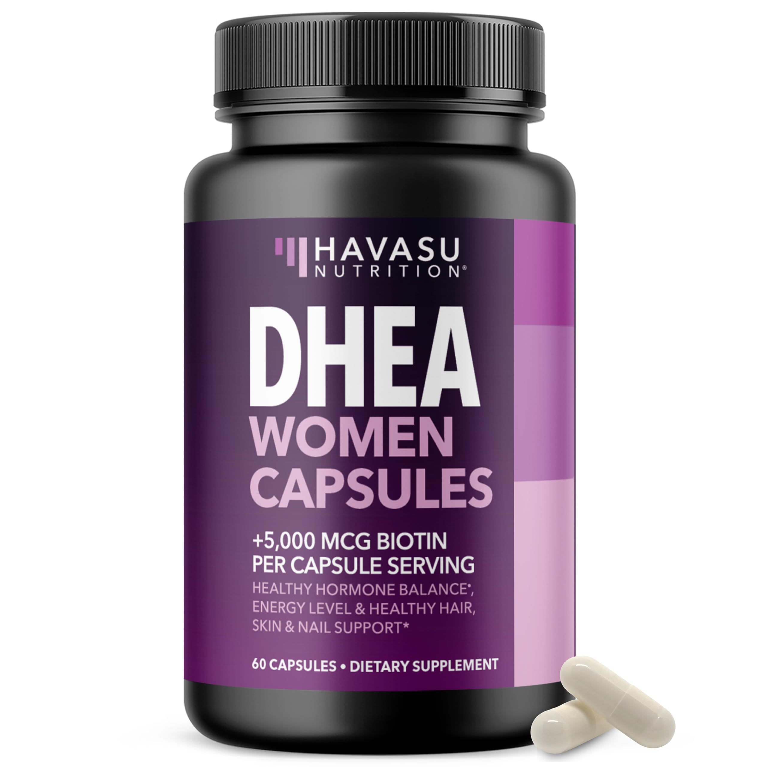 HAVASU NUTRITION DHEA Biotin capsules bottle close-up for daily wellness.