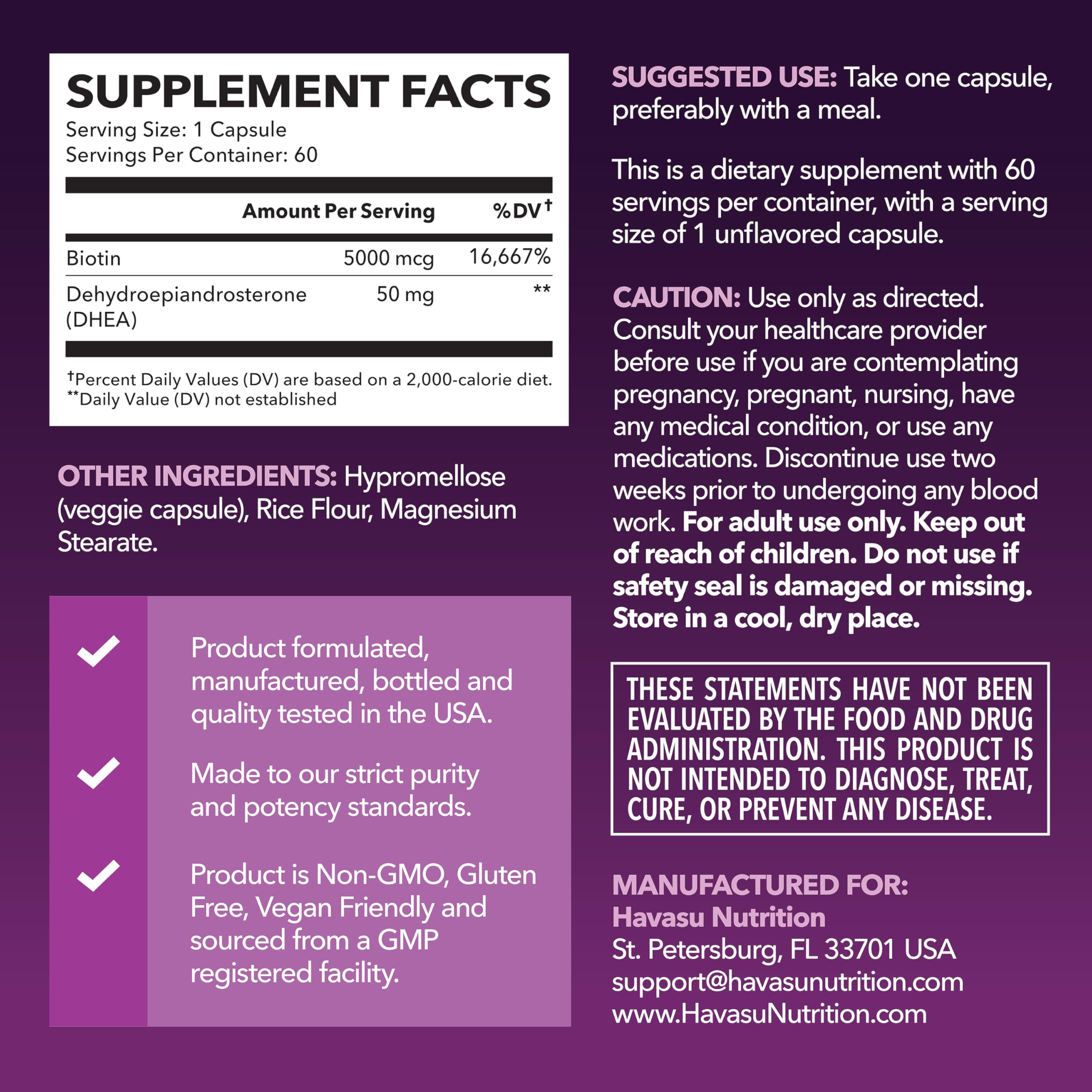 HAVASU NUTRITION DHEA Biotin capsules close-up for easy daily use.