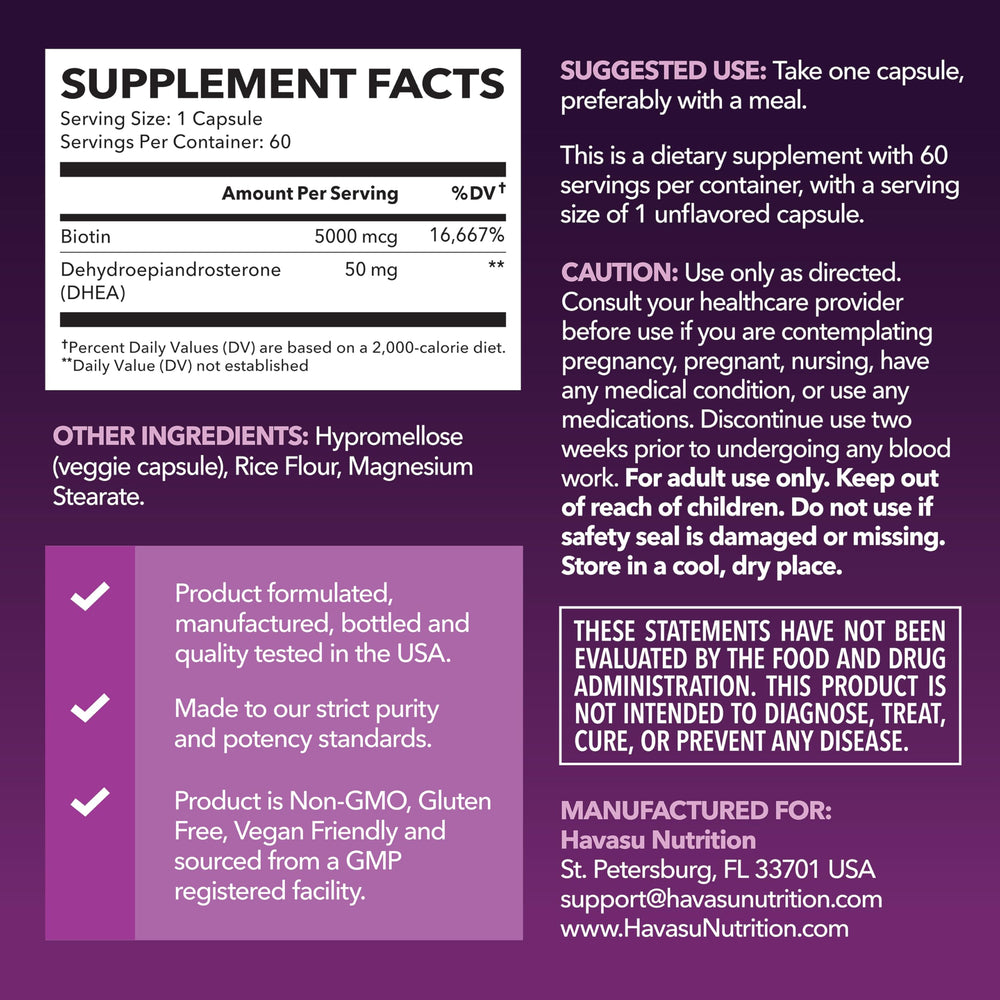 HAVASU NUTRITION DHEA Biotin capsules close-up for easy daily use.
