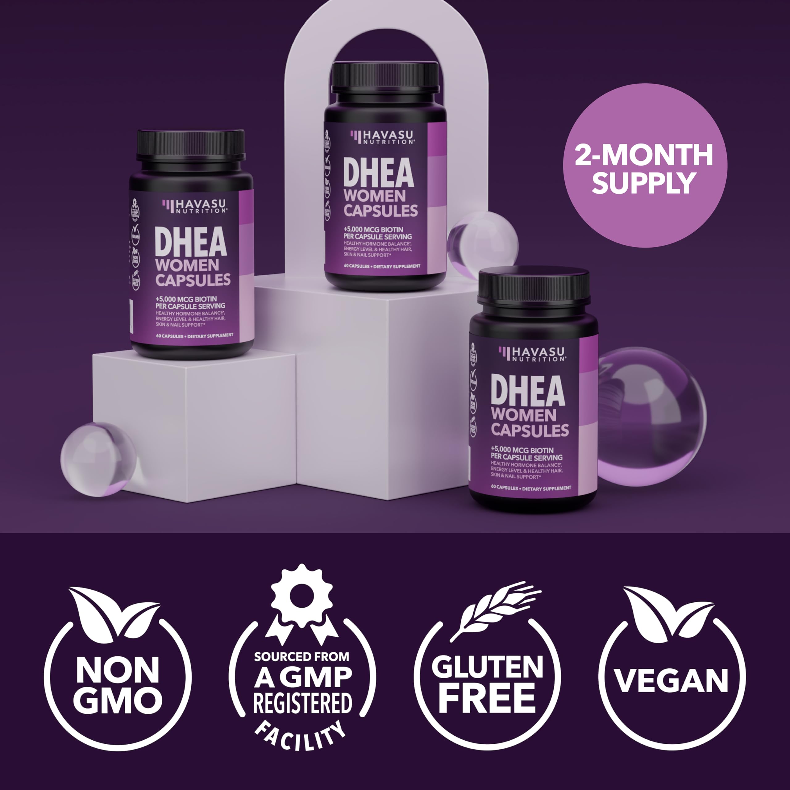 HAVASU NUTRITION DHEA Biotin capsules highlighting hair and skin focus.