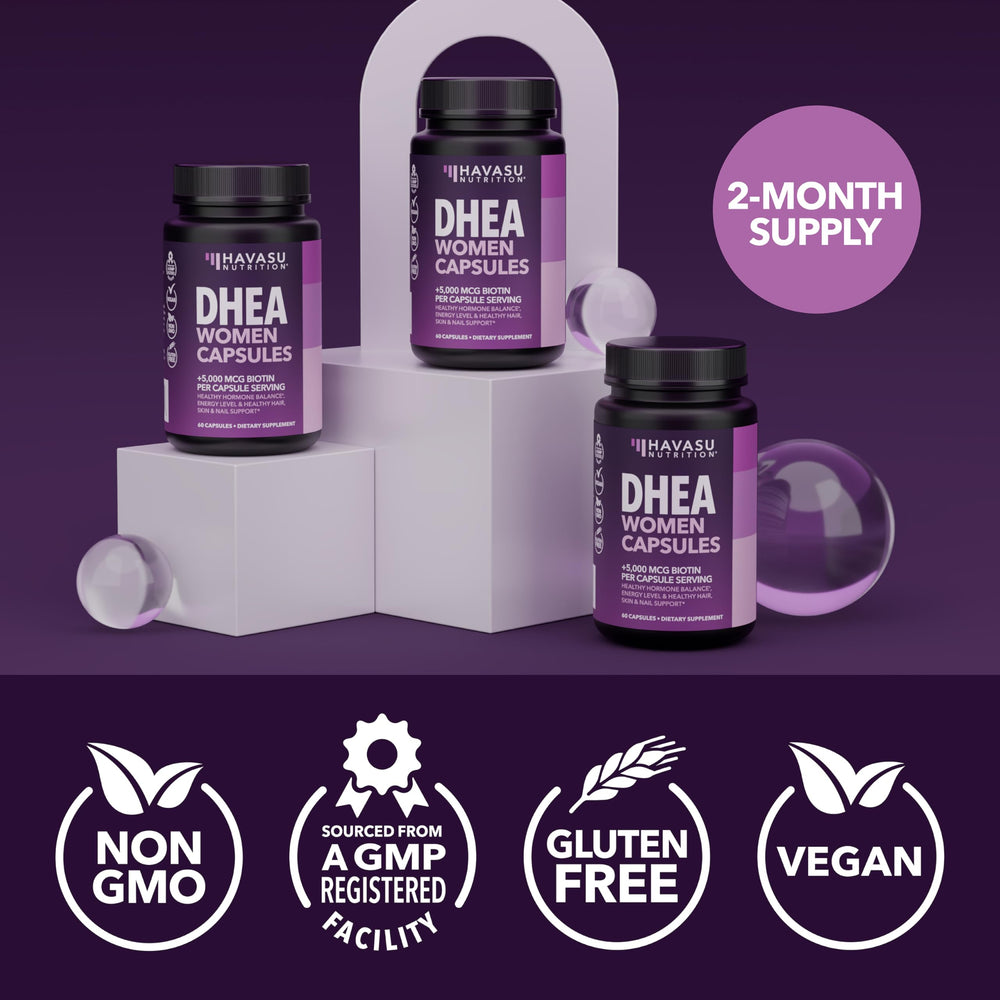 HAVASU NUTRITION DHEA Biotin capsules highlighting hair and skin focus.