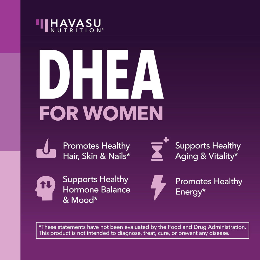 HAVASU NUTRITION DHEA Biotin capsule on vegan label background.