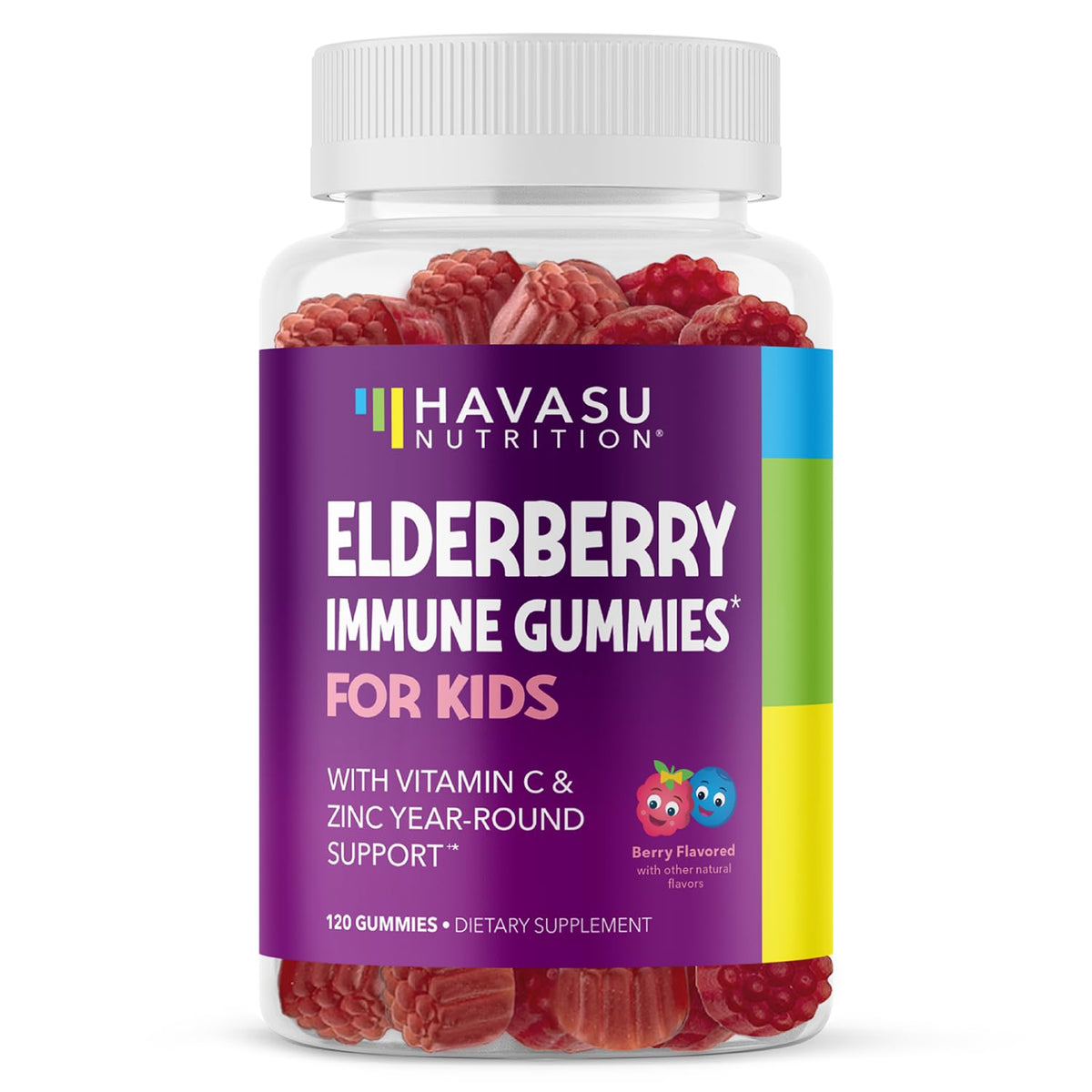 HAVASU NUTRITION elderberry kids gummies bottle offers daily immune support in a vegan formula.