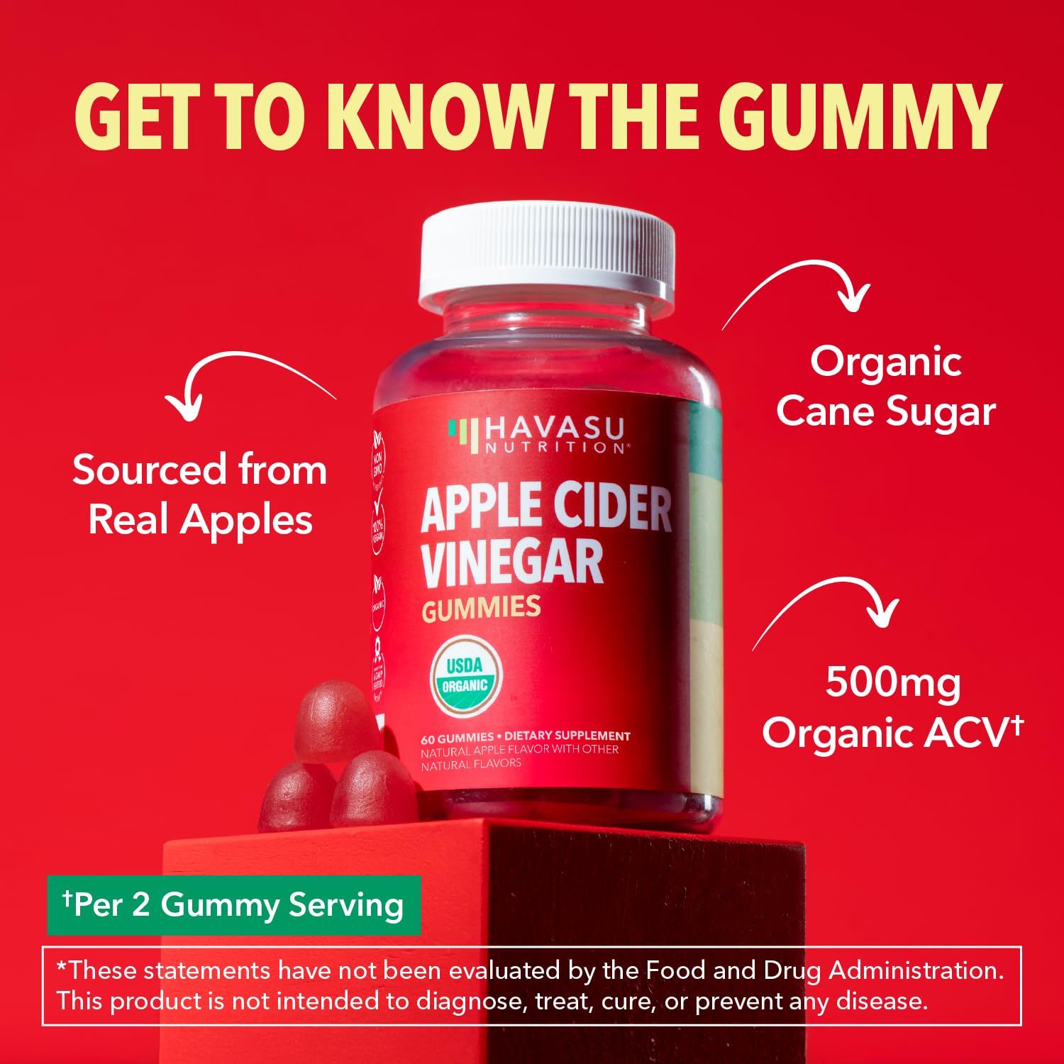HAVASU Nutrition Gummies ingredient label highlights vegan, non-GMO, gluten-free formulation