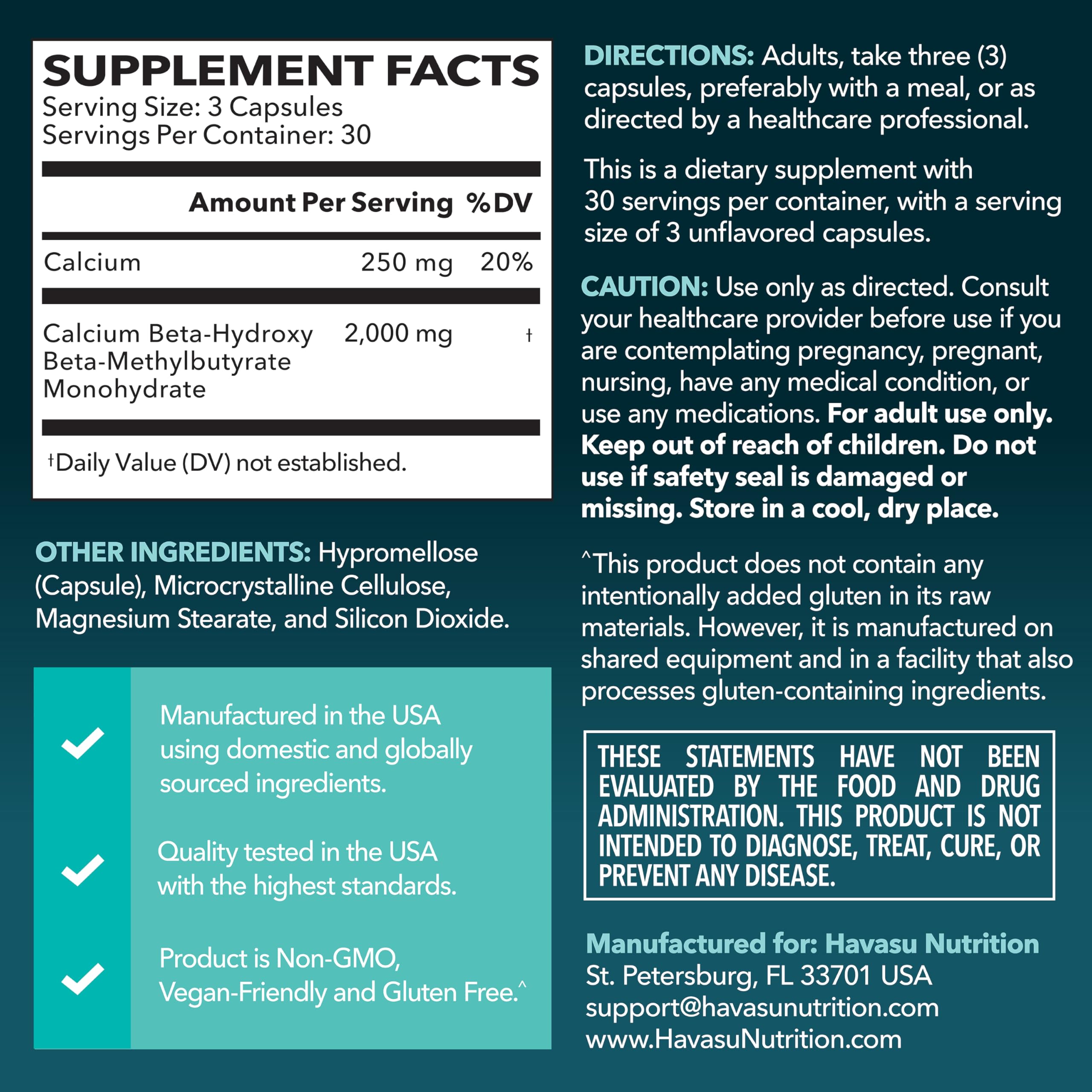 HAVASU Nutrition HMB label close-up highlighting vegan, non-GMO, gluten-free features.