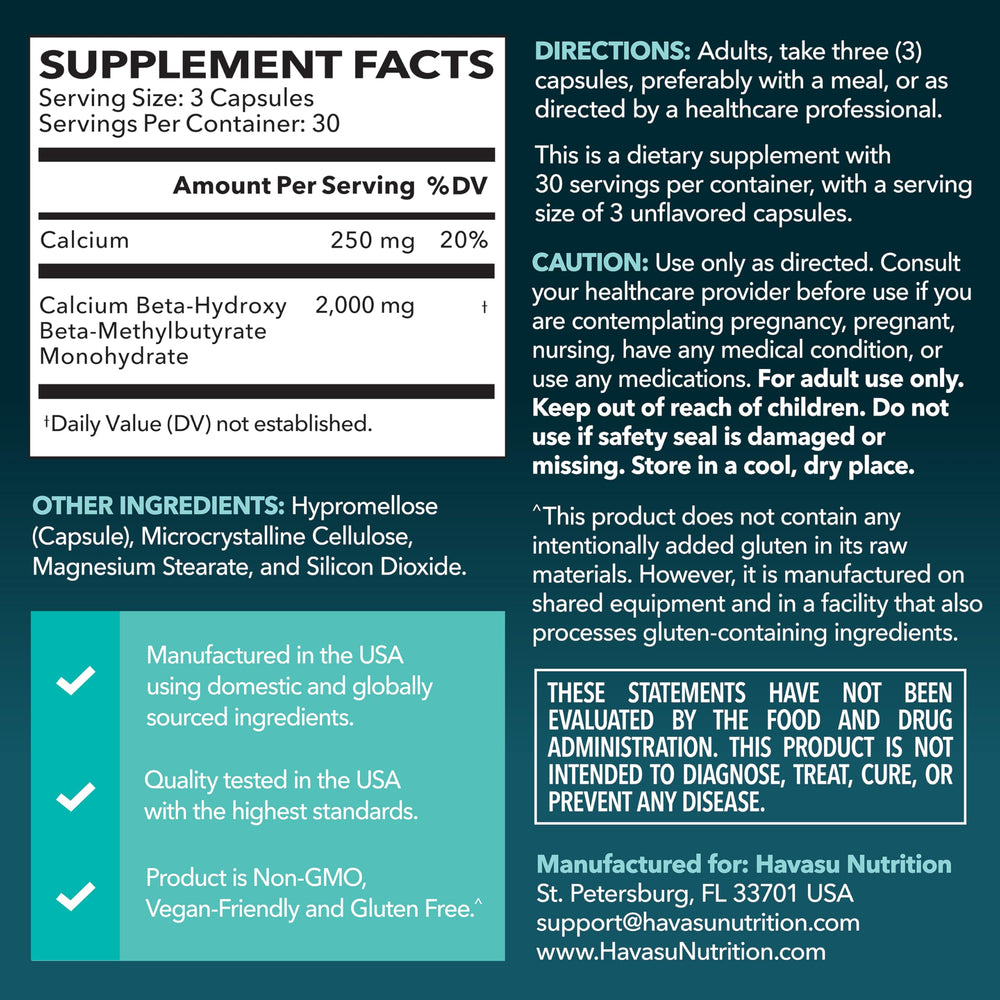 HAVASU Nutrition HMB label close-up highlighting vegan, non-GMO, gluten-free features.