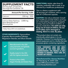 HAVASU Nutrition HMB label close-up highlighting vegan, non-GMO, gluten-free features.