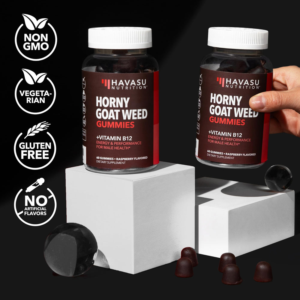 HAVASU Nutrition horny goat weed gummies raspberry box emphasizes value.