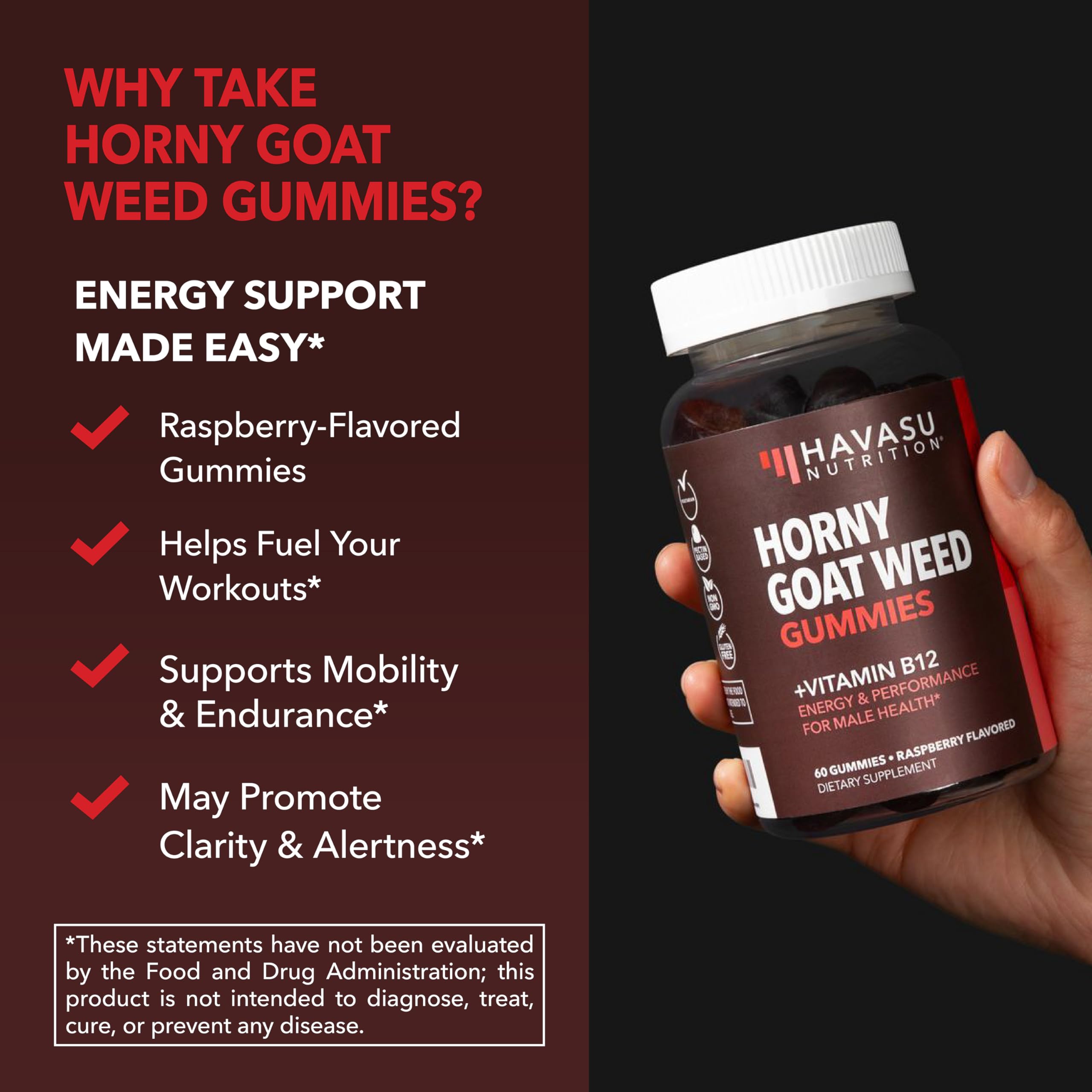 HAVASU Nutrition horny goat weed gummies raspberry close-up shows texture.