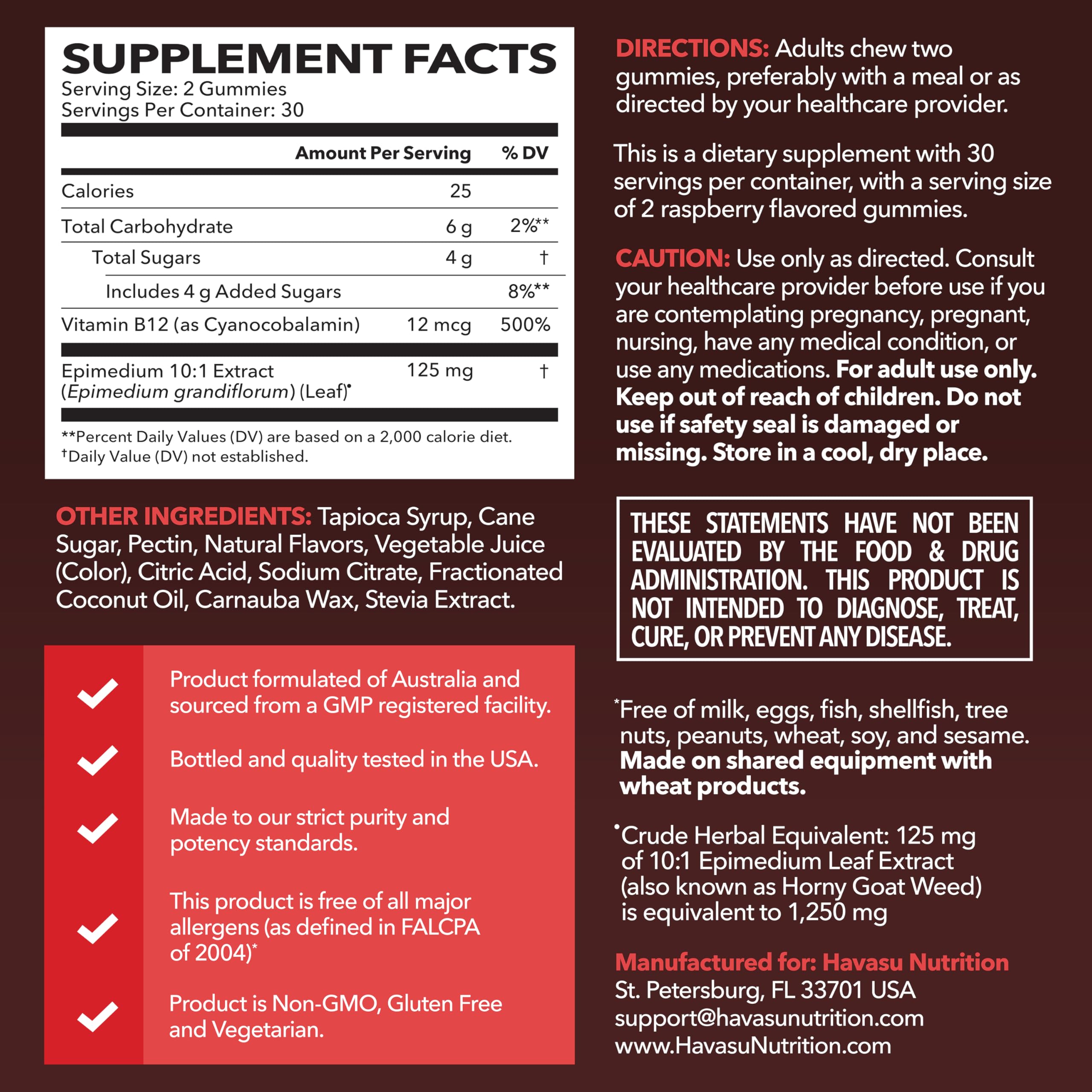 HAVASU Nutrition horny goat weed gummies raspberry bottle label highlights ingredients.