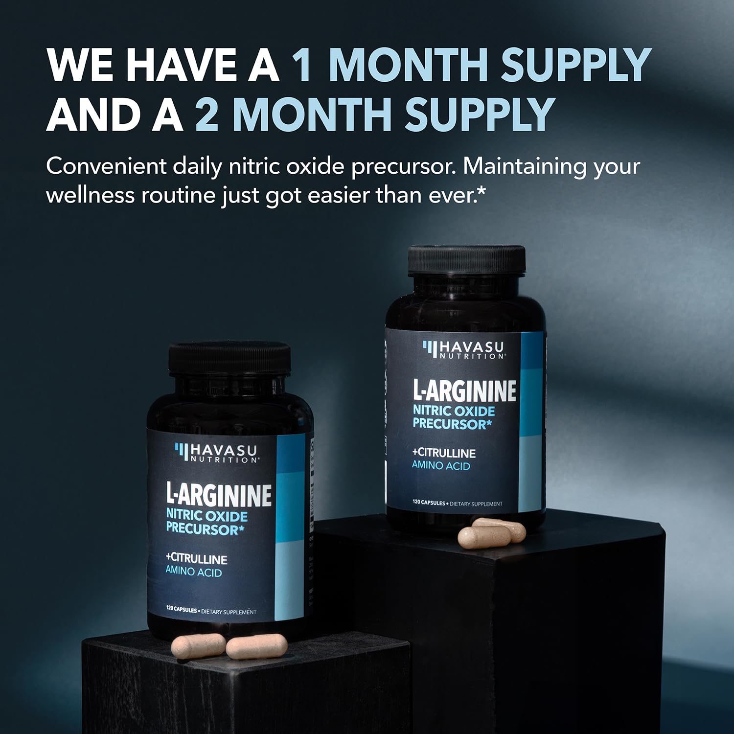HAVASU Nutrition L-Arginine with L-Citrulline bottle and capsules ready for daily routine.