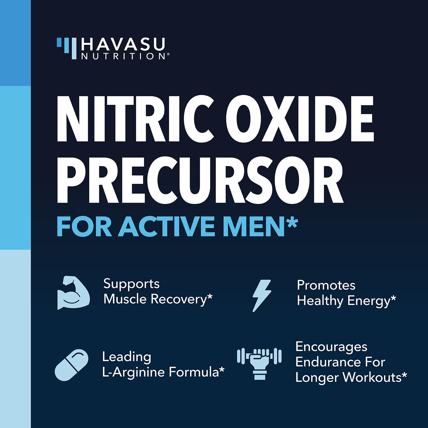 HAVASU Nutrition L-Arginine with L-Citrulline capsules close-up in bottle for endurance support.
