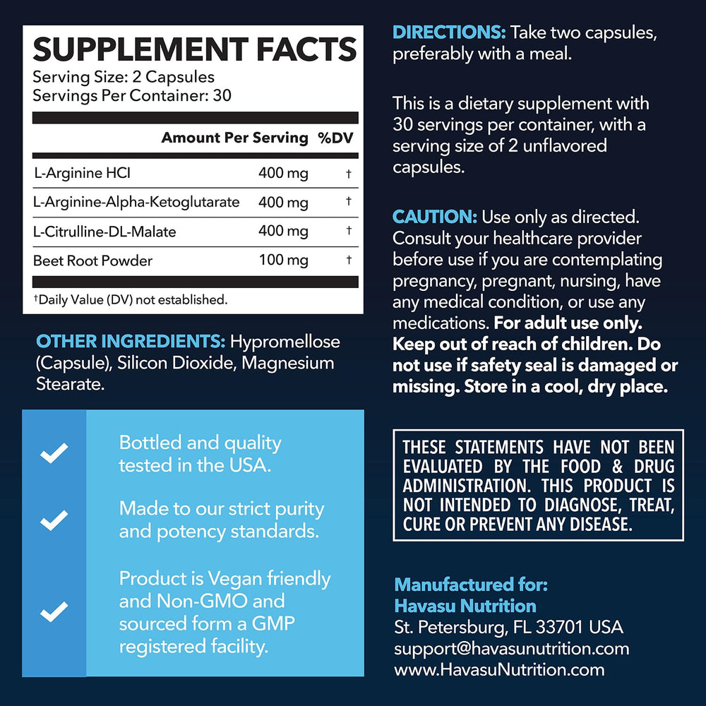 HAVASU Nutrition L-Arginine with L-Citrulline label close-up highlighting vegan, non-GMO formula.