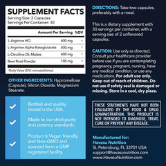 HAVASU Nutrition L-Arginine with L-Citrulline label close-up highlighting vegan, non-GMO formula.