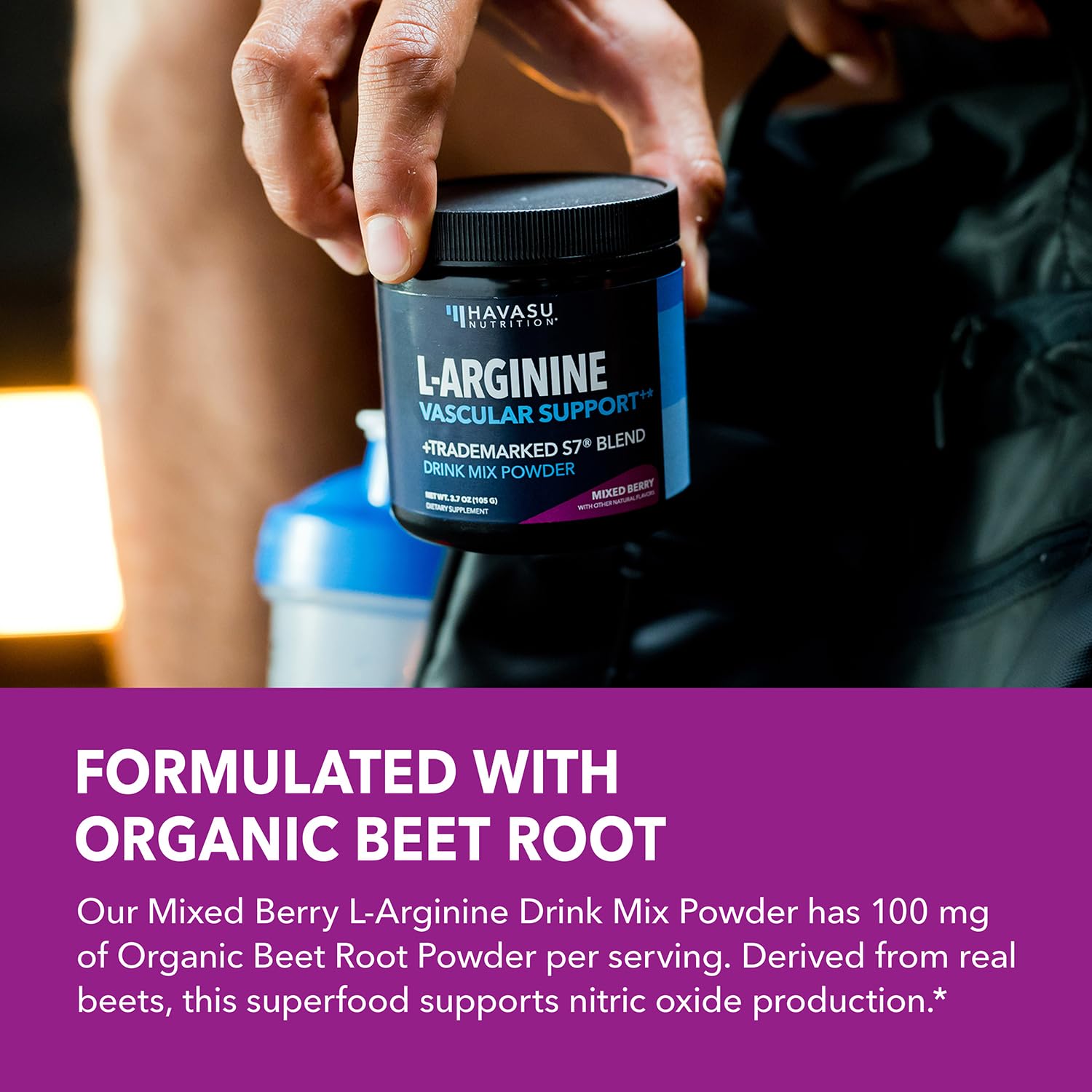 HAVASU NUTRITION L-Arginine Powder beet root ingredient closeup emphasizes natural support for workouts