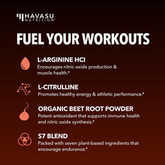HAVASU NUTRITION L-Arginine Powder bottle highlights L-Citrulline blend for endurance.