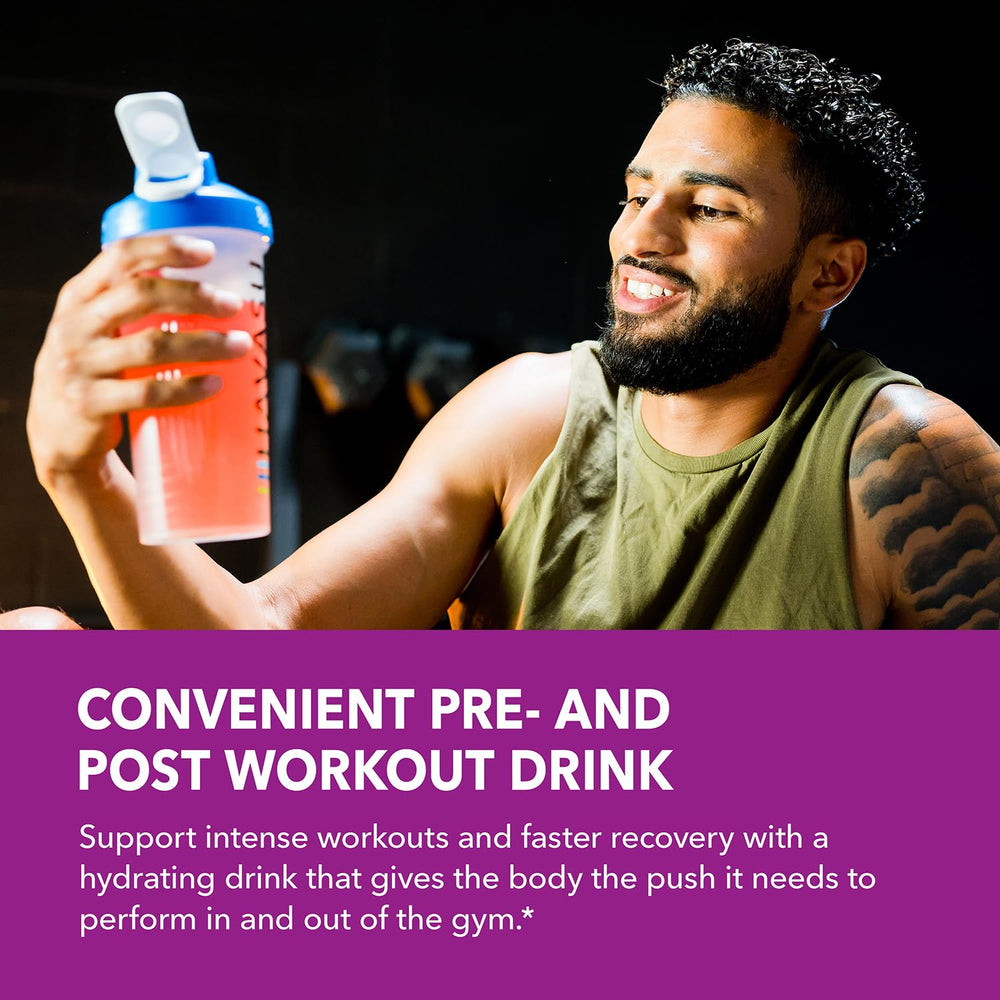 HAVASU NUTRITION L-Arginine Powder mixed berry glass with shaker suggests pre or post workout use