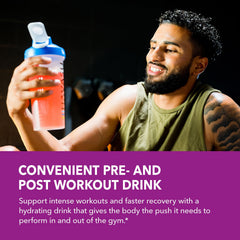 HAVASU NUTRITION L-Arginine Powder mixed berry glass with shaker suggests pre or post workout use