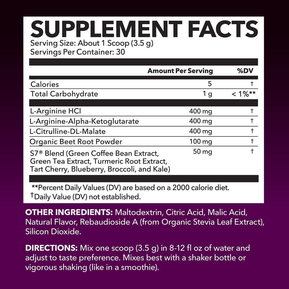 HAVASU NUTRITION L-Arginine Powder mixed berry label closeup highlights beet root and L-Citrulline blend for performance