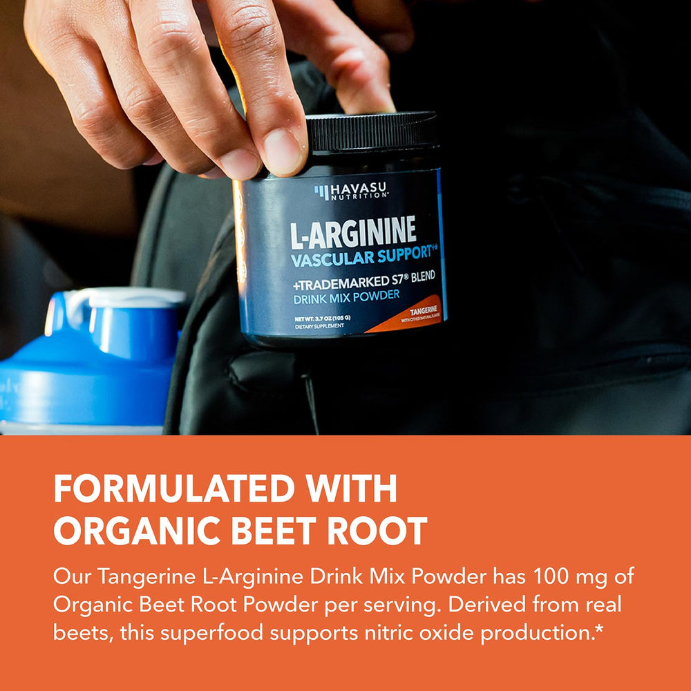 HAVASU NUTRITION L-Arginine Powder pre-workout use with Tangerine flavor for energy support.