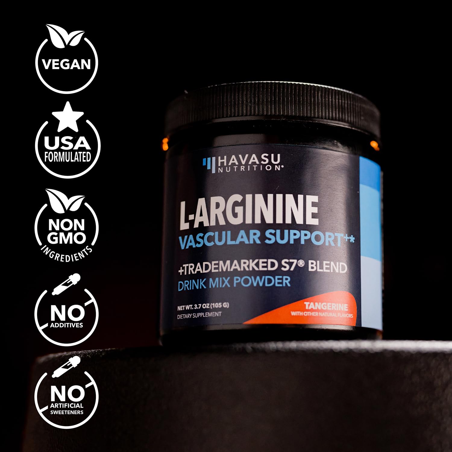 HAVASU NUTRITION L-Arginine Powder Tangerine flavor close-up highlights refreshing taste for pre-workout.